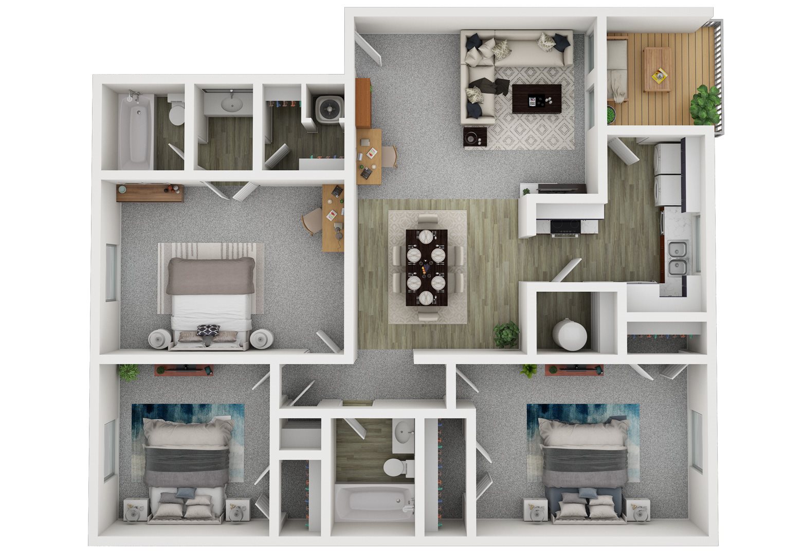 Cedar River Ridge Cedar Floorplan, a 3-bedroom apartment with a kitchen, living room and deck with built-in washer and dryer.